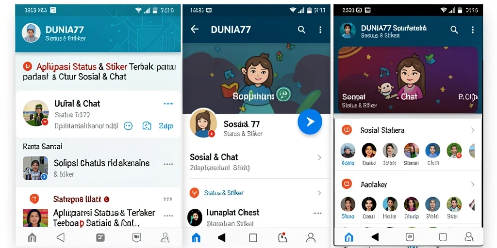 Antarmuka aplikasi DUNIA77 dengan berbagai stiker dan status