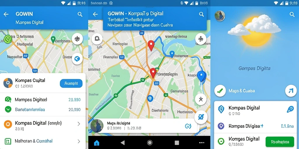 Antarmuka aplikasi GOWIN menampilkan kompas digital dan informasi cuaca.